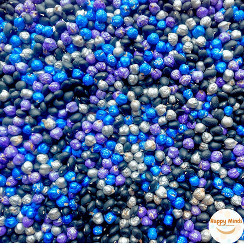 Happy Minds (4 Outer Space Sensory Bin Filler Cups) - Black Beans & Colorful Chickpeas - Cosmic Sensory Play