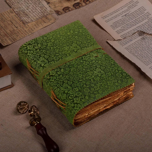 LEATHER VILLAGE Floral Embossed Leather Journal - 200 Pages, 6” x 4” (A6), Green, Vintage Blank Paper Travel Diary