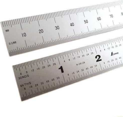 12" 300 mm English Metric Rigid (1.250 wide x .040 thick) Zero Glare Satin Chrome Stainless Steel E/M Machinist Engineer Ruler/Rule with Graduations in 1/64, 1/32, mm and .5mm Model H-3412C
