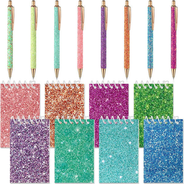 Sherr 16 Pcs Glitter Notebooks and Pens, Mini Pocket Notepads, Colorful Ballpoint Pens for Kids and Office Supplies