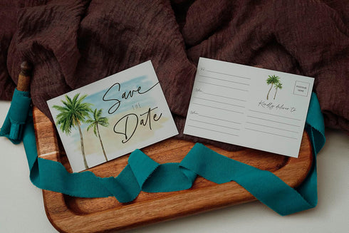 50 Pack Your Main Event Prints Beach Palm Tree Wedding Save The Date Cards - Standard Postcard Size - Add Postage