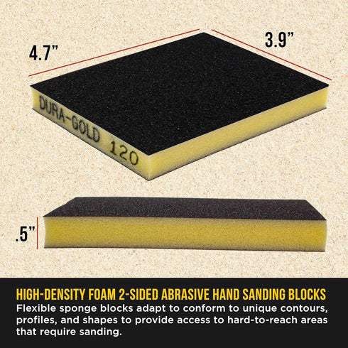 120 10 4.7" 3.9" Dura-Gold Grit Double-Sided Sanding Sponges, Box of - Performance Flex x Wet or Dry Flexible Softback