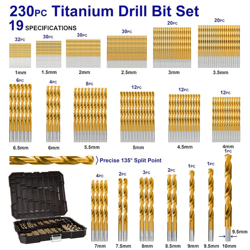 Metric 230 Pieces Titanium Twist Drill Bit Set, 135° Tip High Speed Steel, Ideal for Wood, Cast Iron, and Plastic