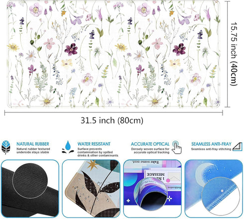 Cute Flower Aesthetic Mouse Pad, Large Extended Gaming Desk Mat 31.5''x15.75'' for Women Office Decor