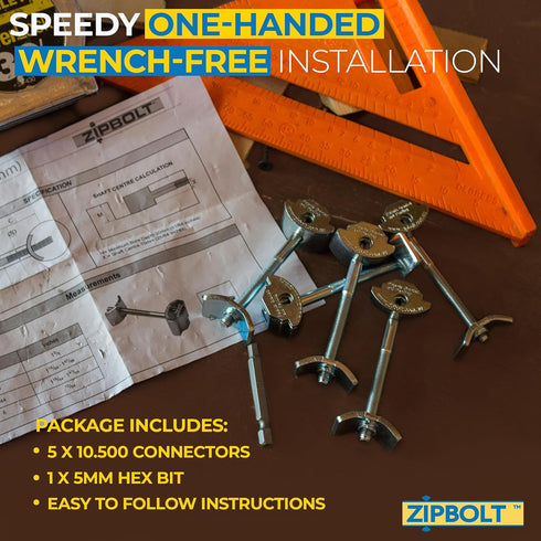 Zipbolt 10.500 Countertop Miter Connector — 5 Piece Joint Fastener Drawbolt Pack with 5mm Hex Bit for Joining