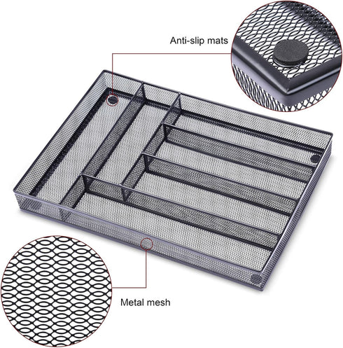 WuGeShop Desk Drawer Organizer | 6 Compartments Mesh Tray for Stationery & Office Supplies, Black