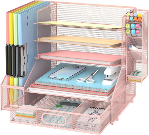 DALTACK Mesh Desk Organizer, 5-Tier Paper Letter Tray with File Holder, Pen Holder & Sliding Drawer for Office Supplies
