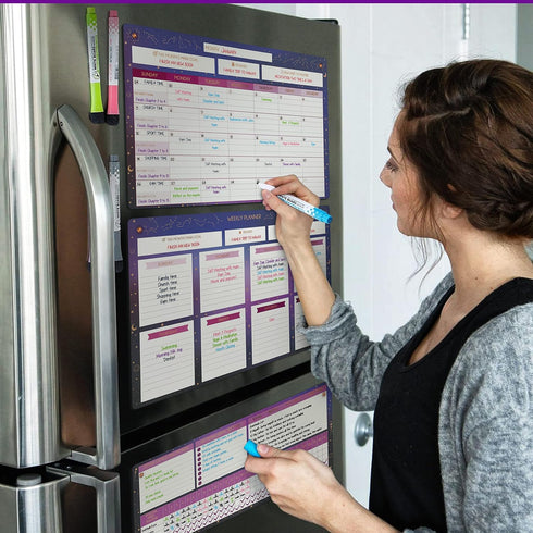 White Board Calendar Dry Erase, Magnetic Planner for Fridge & Wall - 10.5" x 16.5" with 5 Markers & 6 Adhesive Hooks