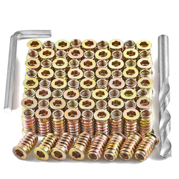 200 Pieces 1/4"-20 Wood Inserts Bolt Furniture Screw in Nut Threaded Fastener Connector for Wood Furniture Assortment