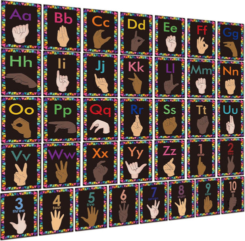 Sign Language Bulletin Board Letters - 36 ASL Alphabet Learning Cards Set for Classroom Decor, Kindergarten, Daycare