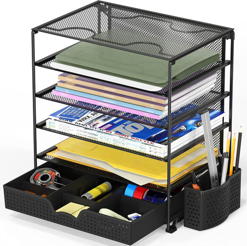 Simple Houseware 5-Tier Document File Tray with Sliding Drawer & Pen Bucket, Black