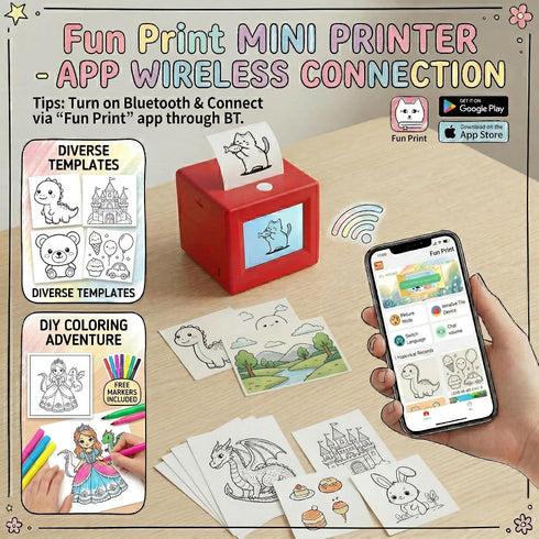 Chamii Set 12 3-12 AI Voice Mini Printer & DIY Art Kit for Kids - Inkless Thermal Instant Art with Coloring pens - Fun