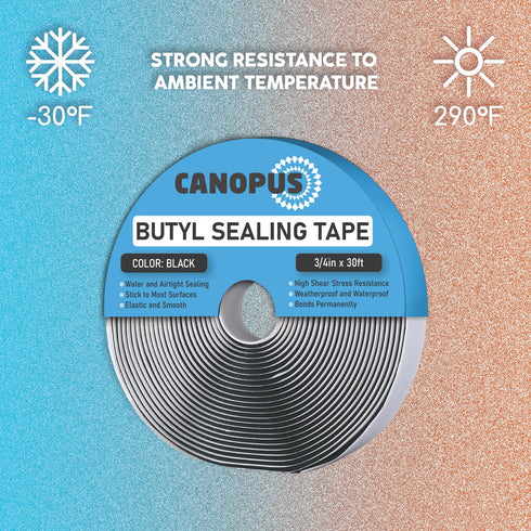 CANOPUS Butyl Seal Tape, Black, 1/8-in x 3/4-in x 30-ft, Heavy Duty Waterproof Sealant Putty Tape
