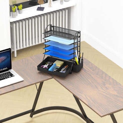 Simple Houseware 6 Tier Desk Document File Tray Organizer with Supplies Sliding Drawer, Black