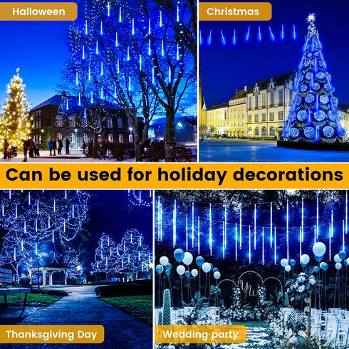 144LED 8 Meteor Shower Lights, Blue Holiday Outdoor Illumination with Tubes, Waterproof Hanging Display for Garden Yard