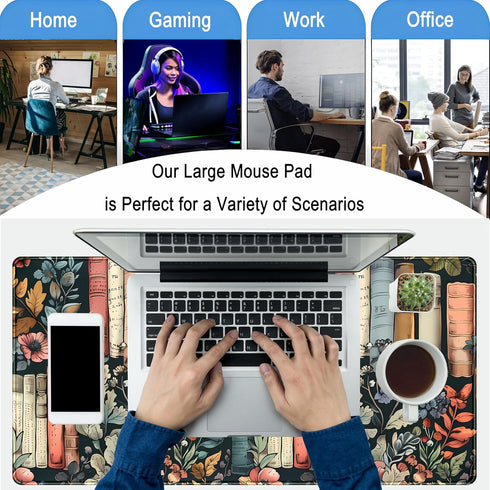 DKPXFG 31.5" 15.7" Floral Books Desk Mat Reading Desk Pad Mouse Mat XXL, Colorful Mouse Keyboard Pad Flower Bookshelf