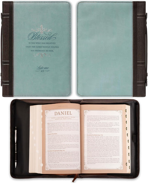 Light Blue and Brown Faux Leather Fashion Bible Cover | Blessed is She Who Has Believed Luke 1:45 | Large Book Cover