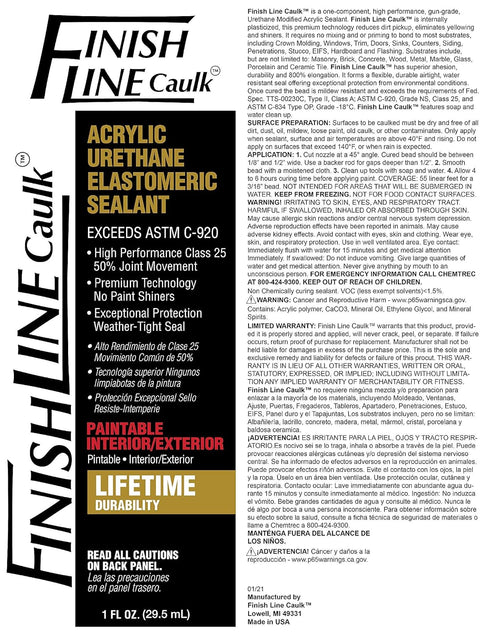 Finish Line Acrylic Urethane Elastomeric Sealant Pre-Filled Precision Caulk Gun One Ounce Tube (Clear, FLCPREFILL, 1,