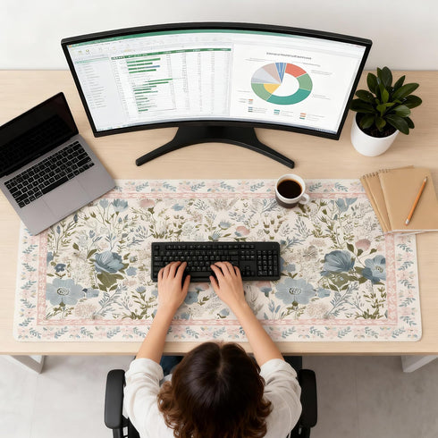 OUNNTC Aesthetic Pink Floral Desk Pad, XXL Large Mouse Pad for Desk with Anti-Slip & Stitched Edges, Keyboard Mat