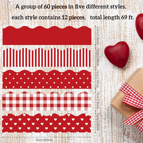 Whaline 69 Feet Valentine's Day Bulletin Board Borders, 60 Pieces in 5 Styles, Heart Plaid Spot Stripe for Decoration