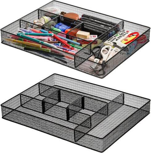 Hiceeden 2 Pack Mesh Metal Desk Drawer Organizer - 16.1"x12.2"x2" 6 Compartment Tray with Adjustable Dividers for