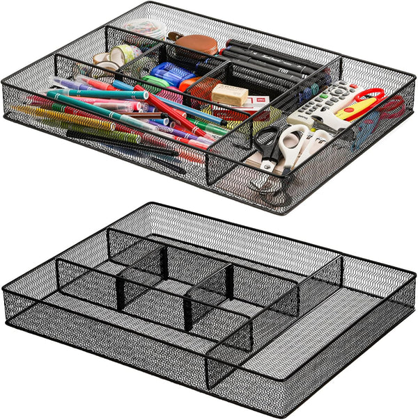 Hiceeden 2 Pack Mesh Metal Desk Drawer Organizer - 16.1"x12.2"x2" 6 Compartment Tray with Adjustable Dividers for