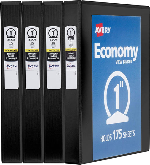 Avery Economy View 3 Ring Binders, 1" Round Rings, 4 Black Binders for Homeschool Supplies and Home Organization