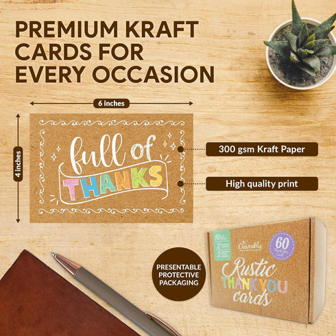 60 Pack 6x4in 10 Decorably Rustic Thank You Cards Bulk with Envelopes & Stickers, Folded Cute Kraft & Pastel Designs
