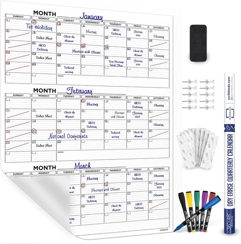 Large 36"x48" Quarterly White Board Calendar, Dry Erase Wall Calendar for 3 Month Planning with Markers and Eraser