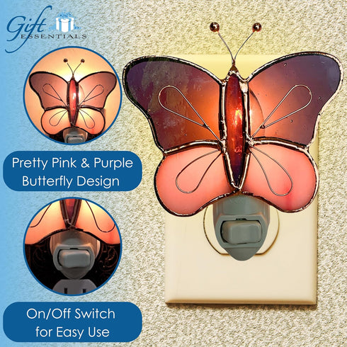 4 Bulb Gift Essentials Pink and Purple Butterfly Plug in Night Light - Stained Glass Nightlight with On/Off Rocker