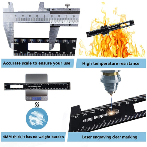 Precision Pocket Woodworking Ruler, 8 Inch Marking Measuring Ruler, Metal Construction Ruler with Slide Stops