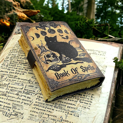 Blank Spell Book of Shadows Grimoire Journal, Magic Cat Printed, Witchcraft Supplies, 7x5 inches Leather Sketchbook