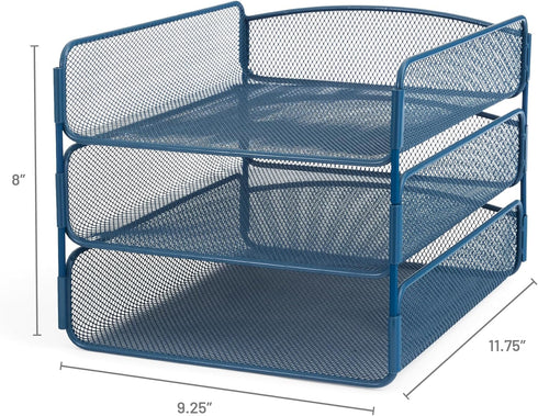Safco Products Onyx Mesh 3 Tray Desktop Organizer 3271BU, Durable Steel Mesh Construction with Blue Powder Coat Finish
