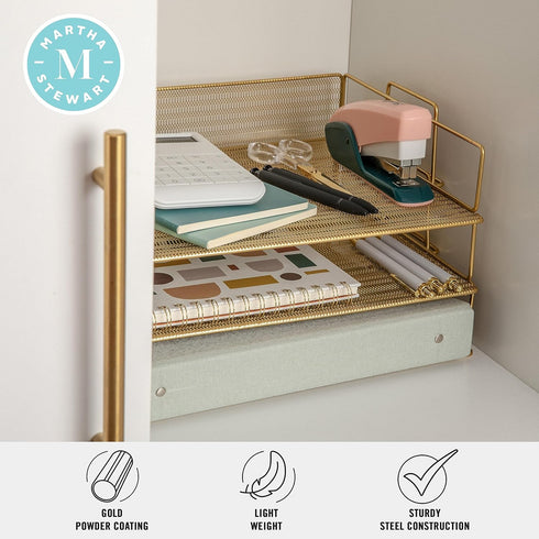 Martha Stewart Ryder 3 Tier Desk Letter Tray Organizer, Stackable Steel Mesh Inbox Tray for Files and Papers (Gold)