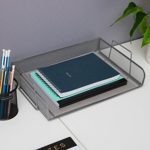 Mind Reader 2 Pcs. Stackable Paper Tray, Metal Mesh Desktop Organizer for File Storage, 14" L x 9.75" W x 6" H, Silver