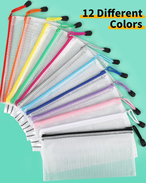 Smarpau 60 Pcs Pencil Pouch, 12 Colors 9.3" x 4.7" Small Mesh Zipper Pouches, Waterproof Zipper Pencil Bags for