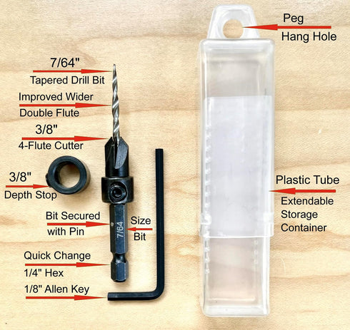 Adjustable Wood Countersink Drill Bit #4 (7/64") with Tapered Drill Bit for Woodworking