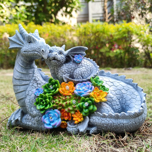 RCTTICUU 6 Solar Dragon Garden Statues Outdoor Decor, Resin Dragon Figurine with Succulent and LED Lights Lawn Patio