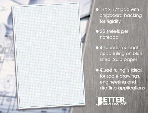 Better Office Products Graph Paper Pad, 17" x 11", 25 Sheets, Double Sided Blueprint Paper with Blue Line Border