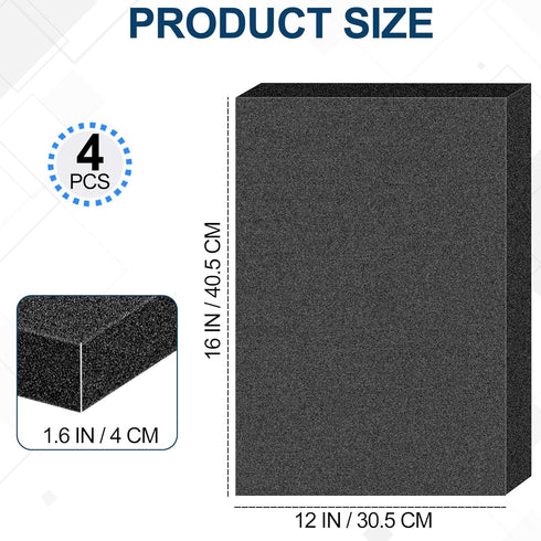 MYFAMIREA 4 PCS Polyurethane Foam Sheets, 16" L x 12" W x 1.6" T, High Density Cushion Foams for Packing, Craft, Black
