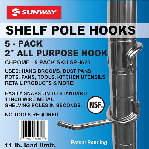 Shelf Pole Hooks 5-Pack, 2" Chrome All Purpose for Garage Shelving Storage Organization