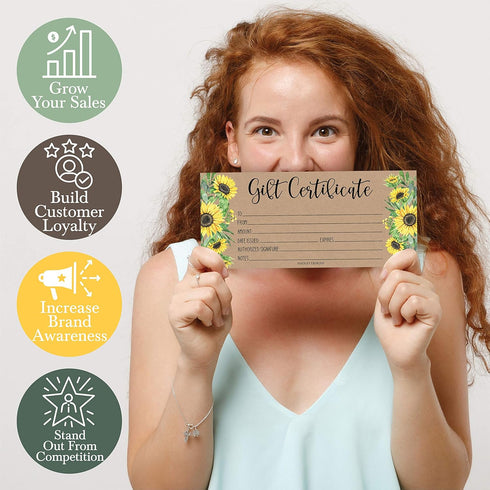 Hadley Designs Kraft Sunflower Blank Gift Certificates, 25 (4x9) for Business Gifts, Christmas, Spa Salon