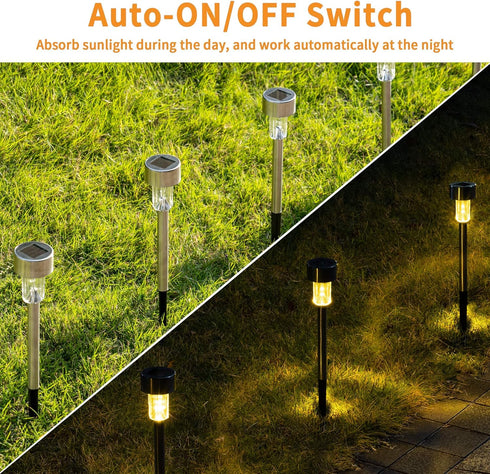 GIGALUMI Solar Pathway Lights, 12 Pack Stainless Steel Waterproof Auto On/Off Outdoor LED Landscape Lights (Warm White)