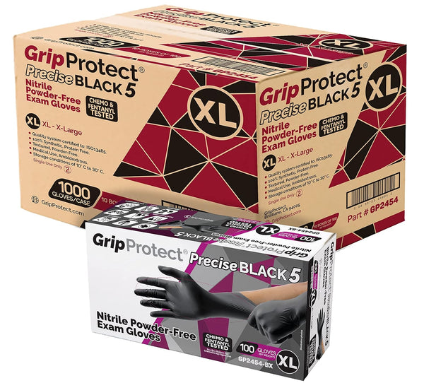 GripProtect Precise Black Nitrile Exam Gloves - 5 Mil Thickness, Chemo-Rated for Medical, Law Enforcement, Tattoo,