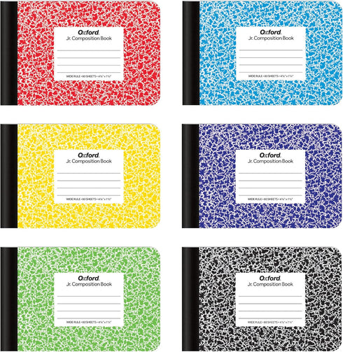 Oxford Jr. Composition Notebooks, 4-7/8 x 7-1/2 Inches, Wide Ruled, 80 Sheets, Assorted Primary Covers, 6 Pack