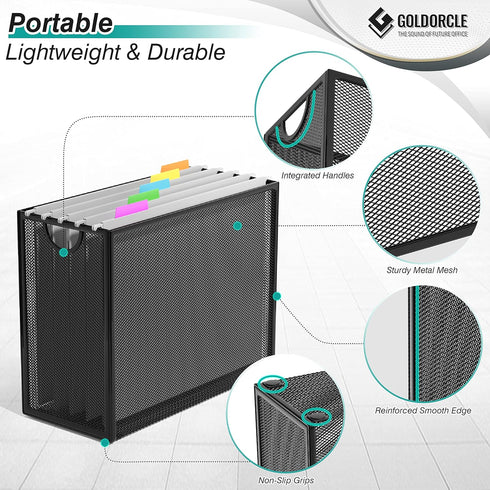 Hanging File Organizer, Letter-Size File Holder Filing Box with 5 Hanging Folders, Metal Mesh Desk File Folder Storage