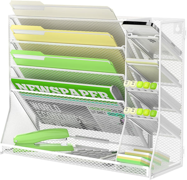 SUPEASY Wall File Organizer, 5-Tier Desk Organizer with 4 Pen Holders, R-shaped Bottom Tray for Office Supplies, White