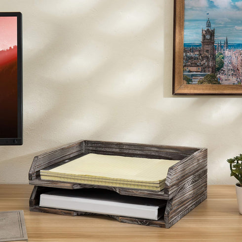MyGift Set of 2 Torched Wood Stacking Desk Paper Tray, Stackable Document File Folder and Mail Holder Organizer