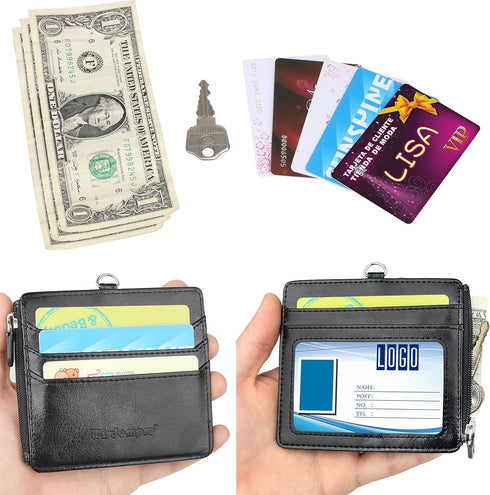 Wisdompro 2-Sided PU Leather ID Badge Holder with Zip, 1 ID Window, 4 Card Slots, 1 Side Zipper Pocket, 20 Inch Lanyard