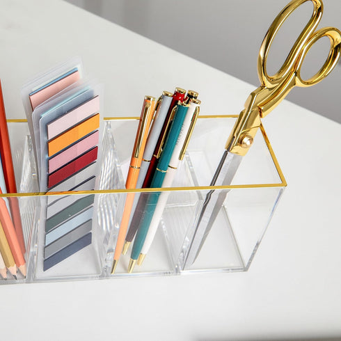 Martha Stewart Kerry Plastic 4 Compartment Pen Holder, Office Desktop Organizer with Gold Trim